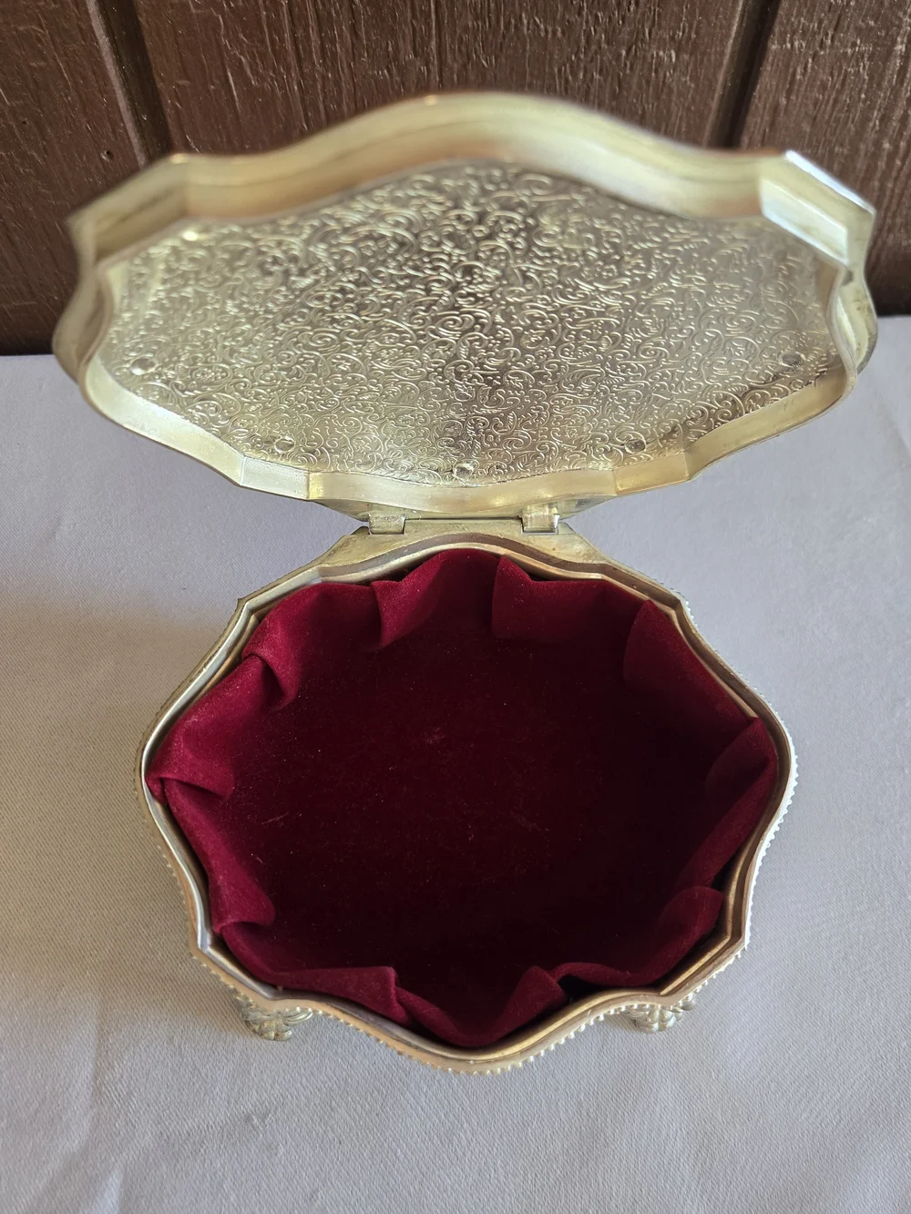 Ornate Jewelry Trinket Box with Lion Head Feet And Red Lining Vintage